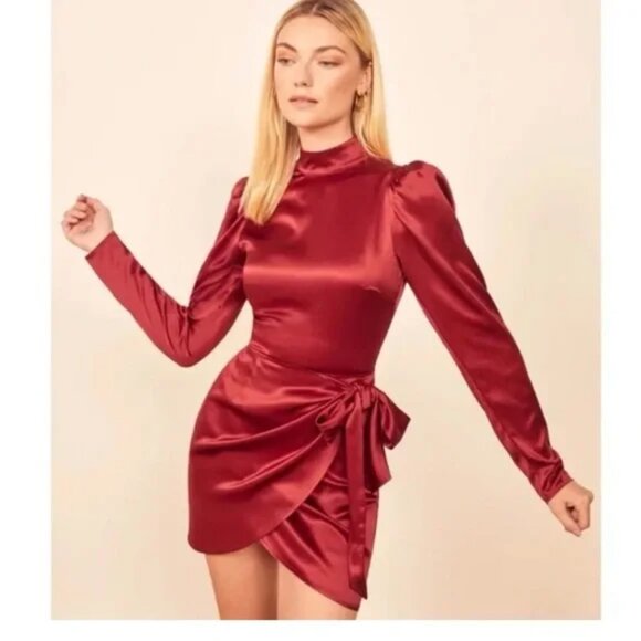 Reformation Josefine Red Silk Mock Neck Wrap Mini Dress US 12 - Picture 1 of 11